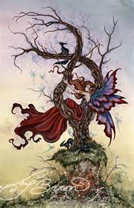 A water color painting of a fairy in a tree
