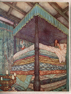 A painting of a princess in a four-poster bed