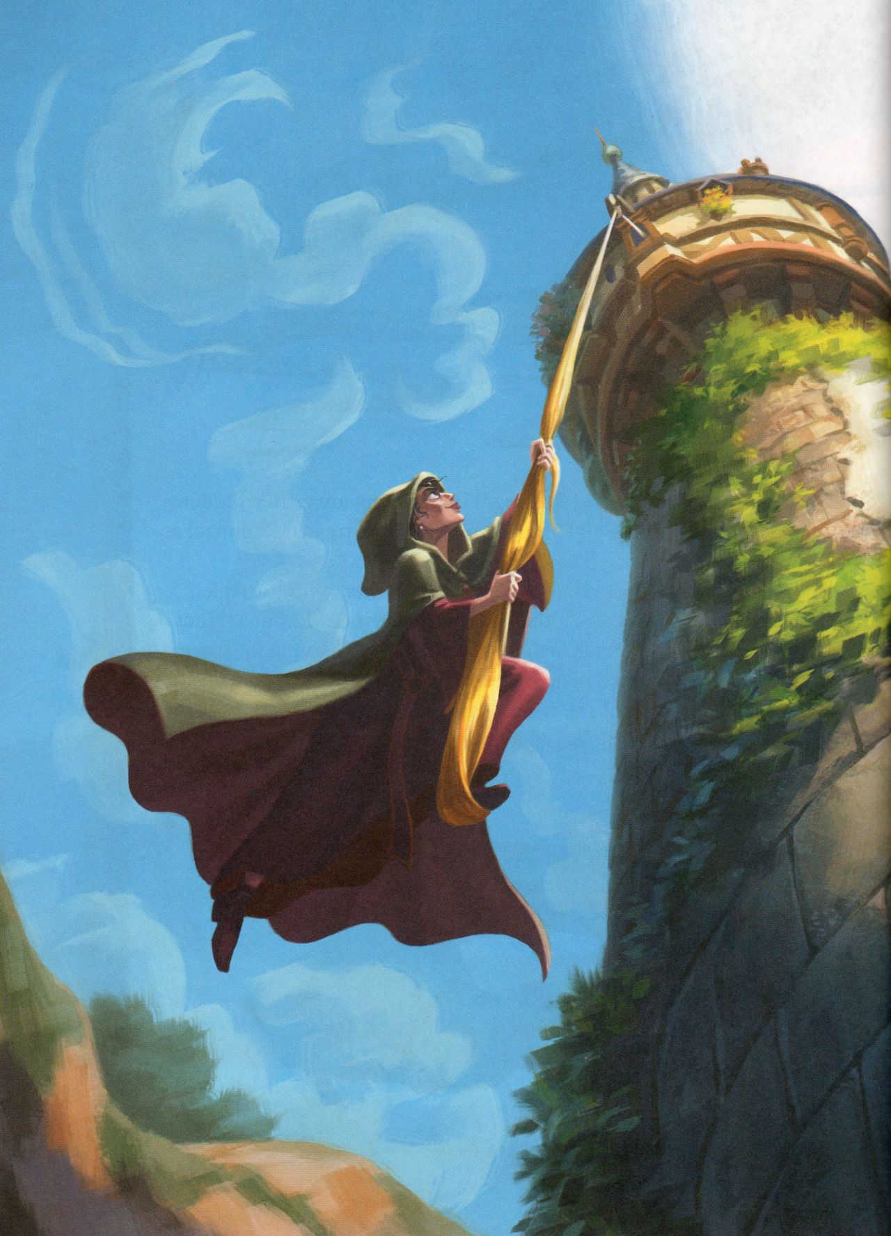 A cartoon depicting Repunzal hanging from her tower by her hair