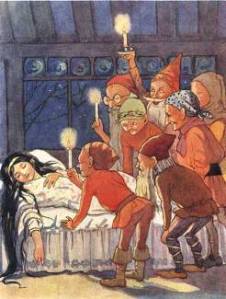 snow white asleep with the seven dwarves