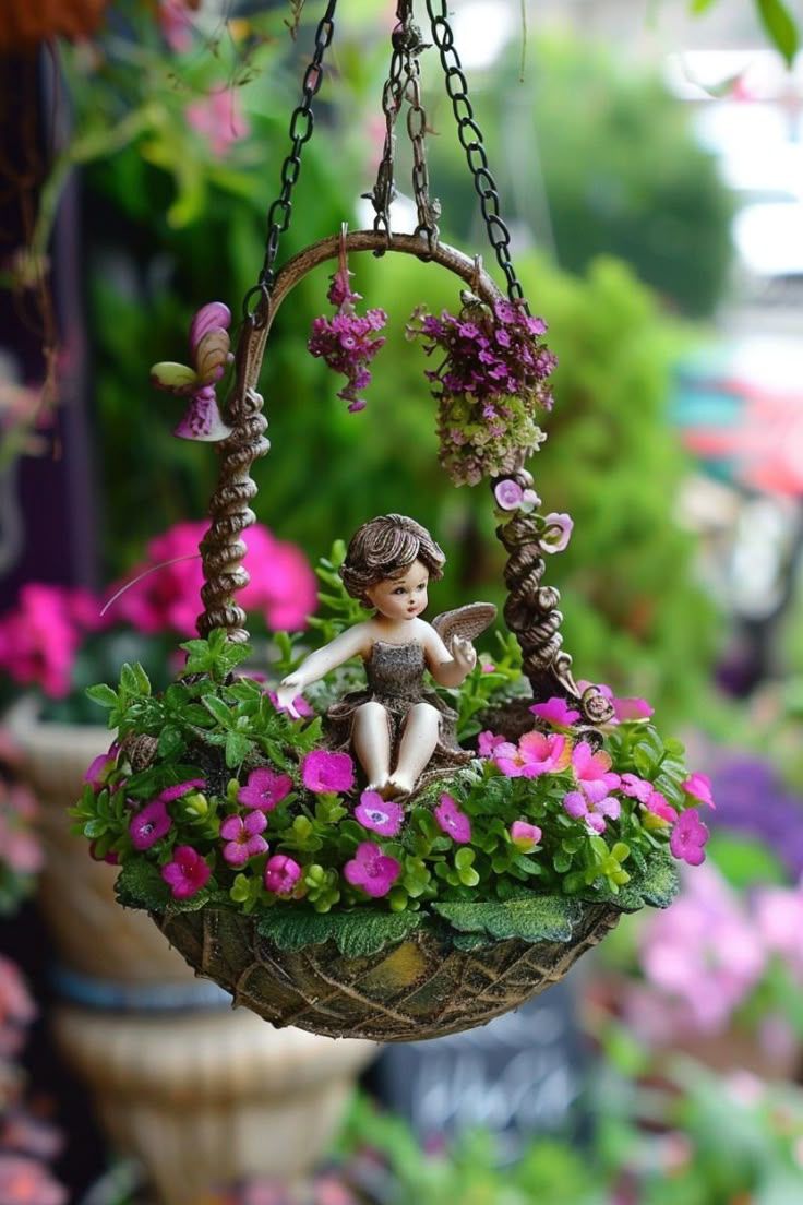fairy garden in a hanging basket
