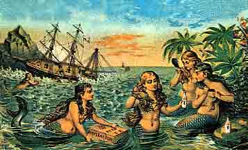 A painting of mermaids by the sea shore with a ship in the background