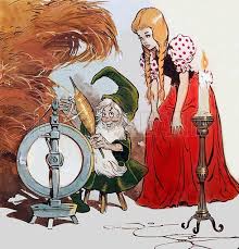 Rumpelstiltskin gnome with a loom and a girl