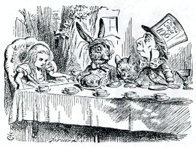 A drawing of the mad hatter's tea party