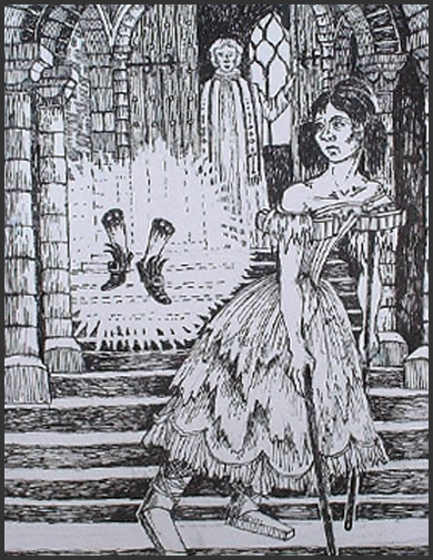 A black-and-white sketch of a woman on stone steps, looking back at a pair of magic shoes