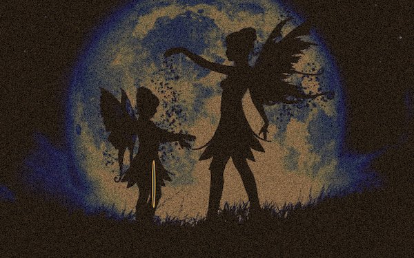A silhouette of two fairies sprinkling fairy dust against a full moon at night
