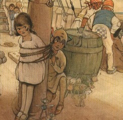 Peter Pan Pirate Ship Deck A cartoon of Wendy tied to the mast on the Pirate Ship Deck