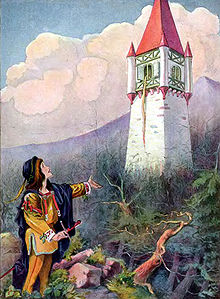 A cartoon of a white tower with Rapunzel's hair falling out of a window
