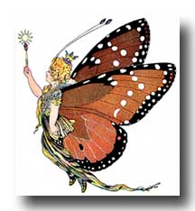 A cartoon of a fairy with butterfly wings