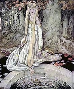 The Princess from The Frog Prince sitting by a pond
