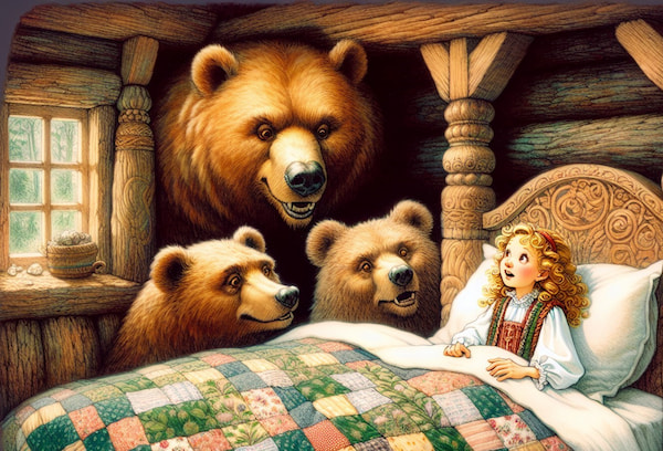 A cartoon of Goldilocks in bed with the Three Bears