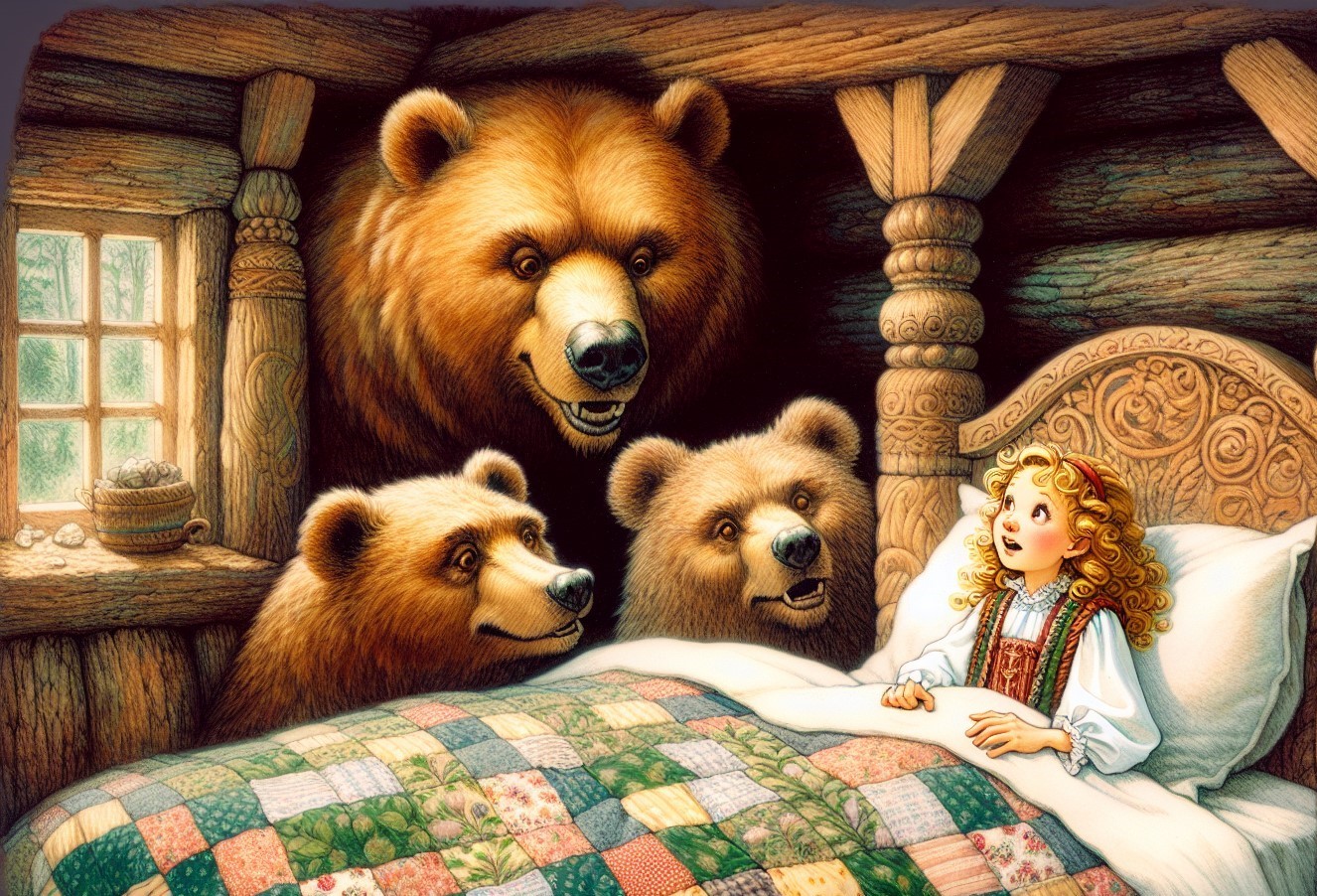 A cartoon of Goldilocks in bed with the Three Bears A cartoon of Goldilocks in bed with the Three Bears