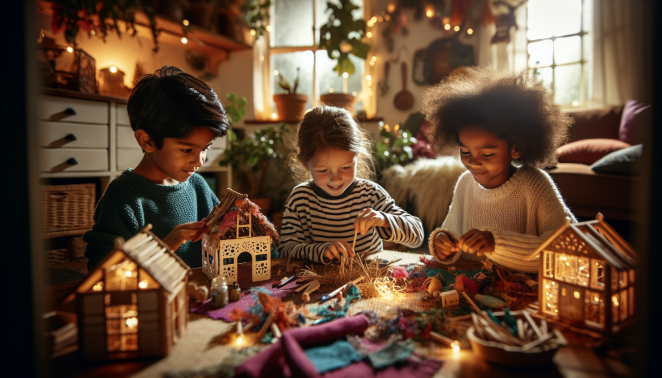 Kids making fairy houses